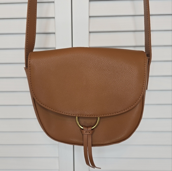 JJ WINTERS Ivy Crossbody Mini Saddle Bag Cognac Genuine Leather Gold Ring Women - Picture 4 of 15